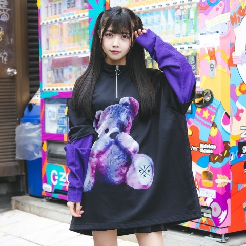 【TRAVAS TOKYO】Furry bear layered half zip PO (Black×Purple)