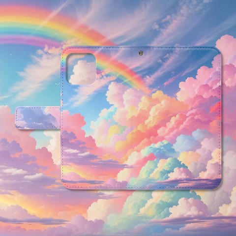 【よだれ堂】パステルカラーの美しい空と虹色に光る雲の手帳型スマホケース　iPhone15 ハイクオリティタイプ