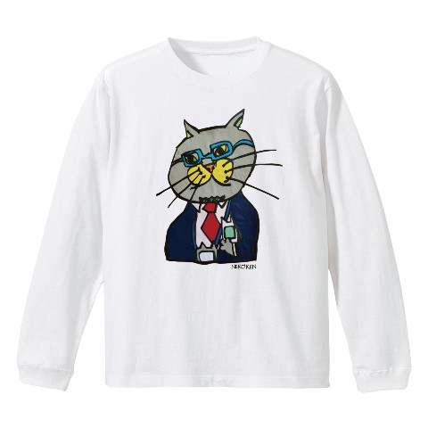 【NEKO KEN】ロングTシャツ　お父さんネコWH・Mサイズ