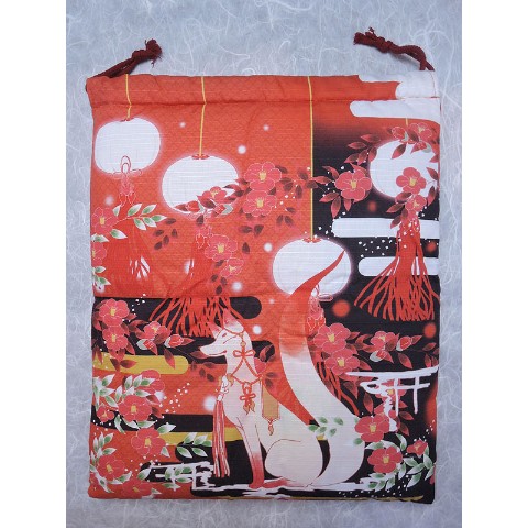 【狐面堂】巾着「狐と椿」（狐面用）