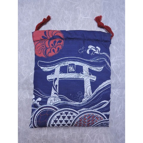 【狐面堂】巾着「波和柄」（狐口面用/青地）