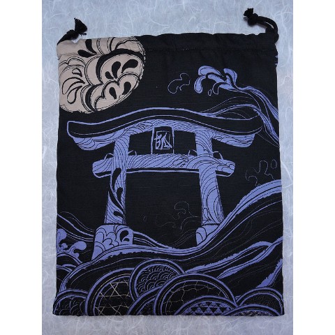 【狐面堂】巾着「波和柄」（狐面用/黒地）