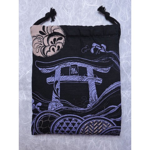 【狐面堂】巾着「波和柄」（狐口面用/黒地）