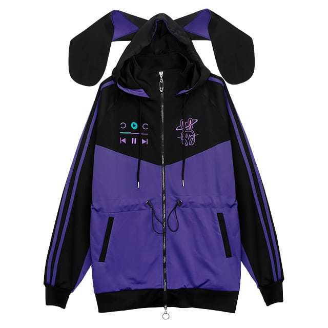 【LISTEN FLAVOR】 ミライから来た うさ耳ジャージパーカー PURPLE×BLACK