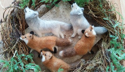 【foxglove】オオカミとキタキツネ羊毛ブローチ