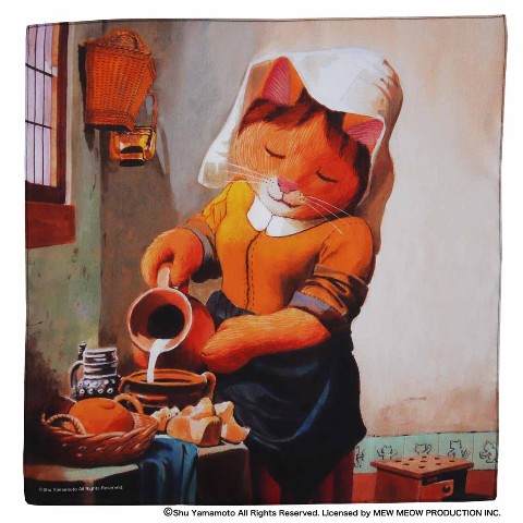 【CAT ART】キャットアート プリントハンカチ 牛乳を注ぐメス猫/ヨハネス・フェルネーコ