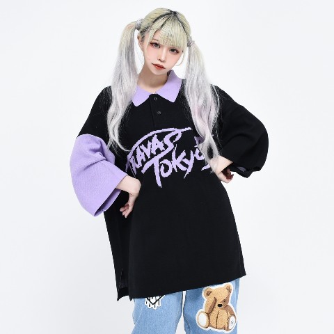 【TRAVAS TOKYO】Knit polo shirts 【Black×Purple】