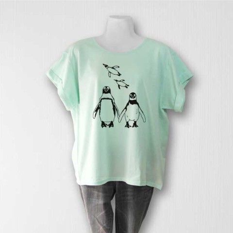 【choco-rail】仲良しペンギン　ロールアップTシャツ（ミント）