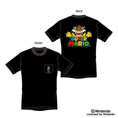 【スーパーマリオブラザーズ】ロゴクッパポケット付きTシャツ ブラック Mサイズ