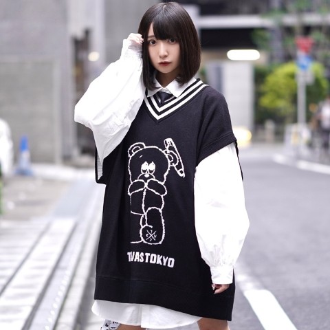 【TRAVAS TOKYO】Lil bear knit vest 【Black×White】