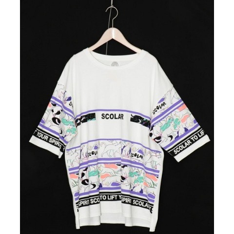 【ScoLar】ロゴ×ネコ柄BIG Tシャツ / オフホワイト