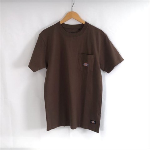 【Dickies】ポケット付ワンポイント刺繍半袖Tシャツ ブラウン Mサイズ