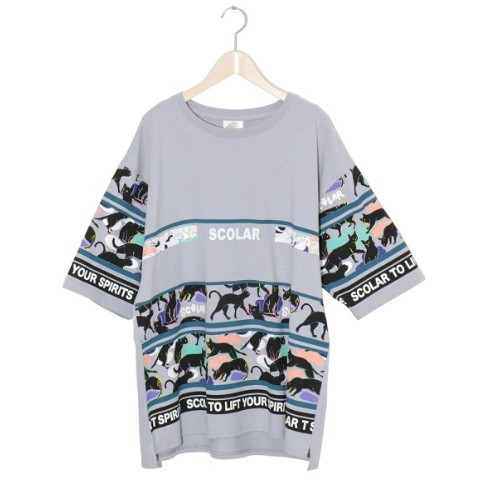 【ScoLar】ロゴ×ネコ柄BIG Tシャツ / サックス