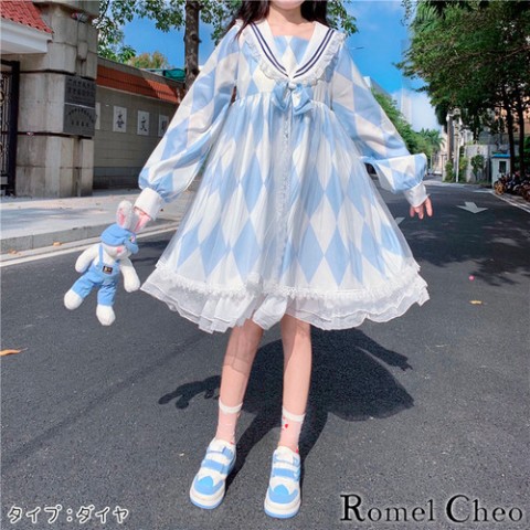 【RomelCheo】ブルーホワイトセーラーワンピース（ダイヤ）