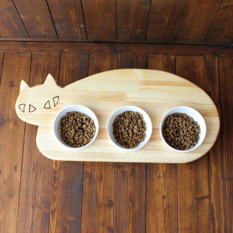 【3連タイプ】木製ネコ型　フードテーブル（フードボウル12.5cm付／トリプル）13.CATS.WORKSオリジナル
