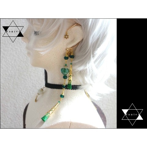 【Panier】狐の宝珠の耳飾り -イヤーフック・緑-