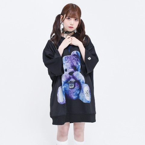 【TRAVAS TOKYO】Punkish bear shoulder zip H/S hoodie 【Black×Blue】