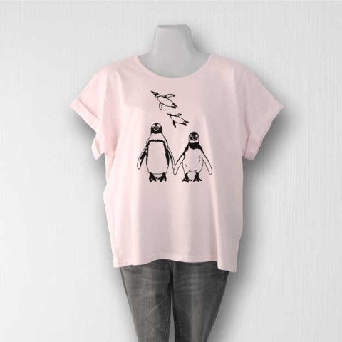 【choco-rail】仲良しペンギン　ロールアップTシャツ（ピンク）