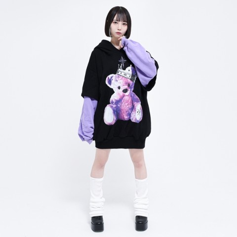 【TRAVAS TOKYO】Crown bear layered hoodie 【Black×Purple】