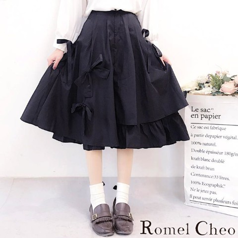 【RomelCheo】黒リボンアシメスカート