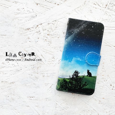 【LALA CloveR.】流れ星と猫 手帳型 iPhone6/6sケースiPhone7ケース/iPhone8ケース/iPhoneSE2ケース