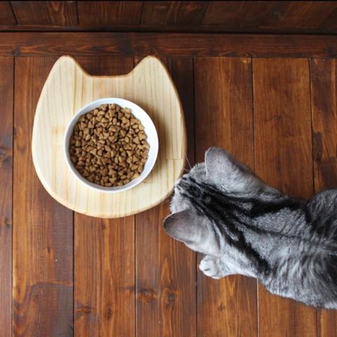 木製 ネコ顔フードテーブル（フードボウル12.5cm付／シングル）13.CATS.WORKSオリジナル