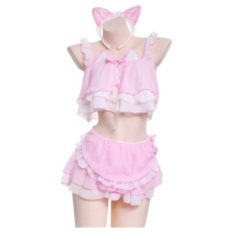 【LaLary】シフォン猫耳フリルランジェリー/ピンク/かわいいお洋服準備室