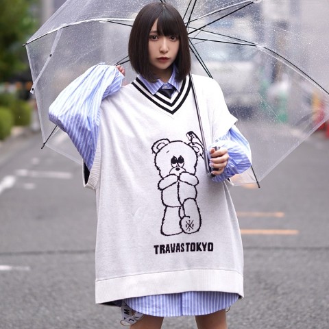 【TRAVAS TOKYO】Lil bear knit vest 【White×Black】