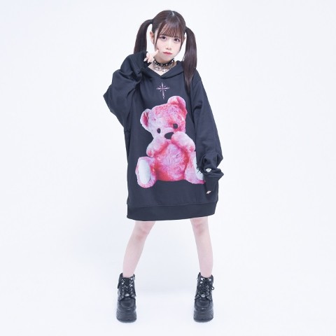 【TRAVAS TOKYO】Furry bear hoodie 【Black×Pink】