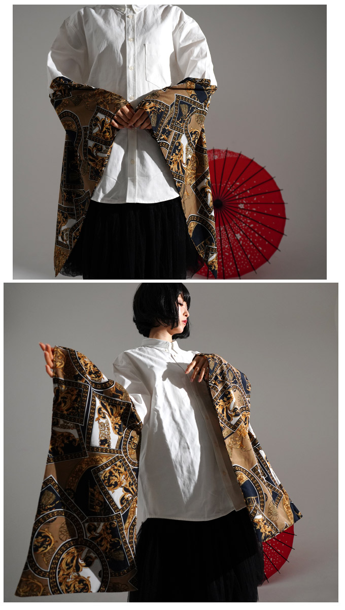 【IRO+IRO】スカーフ柄和装袖のユニセックスシャツホワイト / 雑貨通販 ヴィレッジヴァンガード公式通販サイト